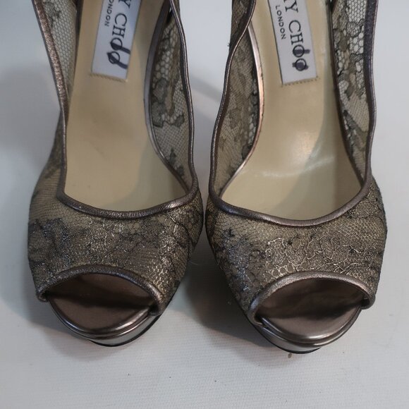 NWD Authentic Jimmy Choo Metallic Bronze Leather Lace Peep Toe Heels 38.5 US/8.5 - Picture 4 of 12